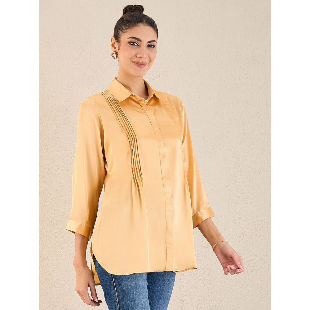 First Resort by Ramola Bachchan Golden Yellow Pintucked Satin Shirt