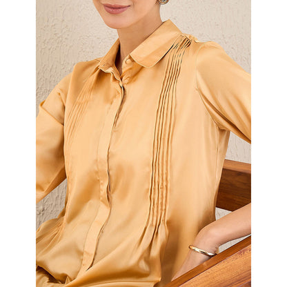 First Resort by Ramola Bachchan Golden Yellow Pintucked Satin Shirt