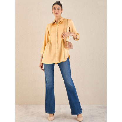 First Resort by Ramola Bachchan Golden Yellow Pintucked Satin Shirt