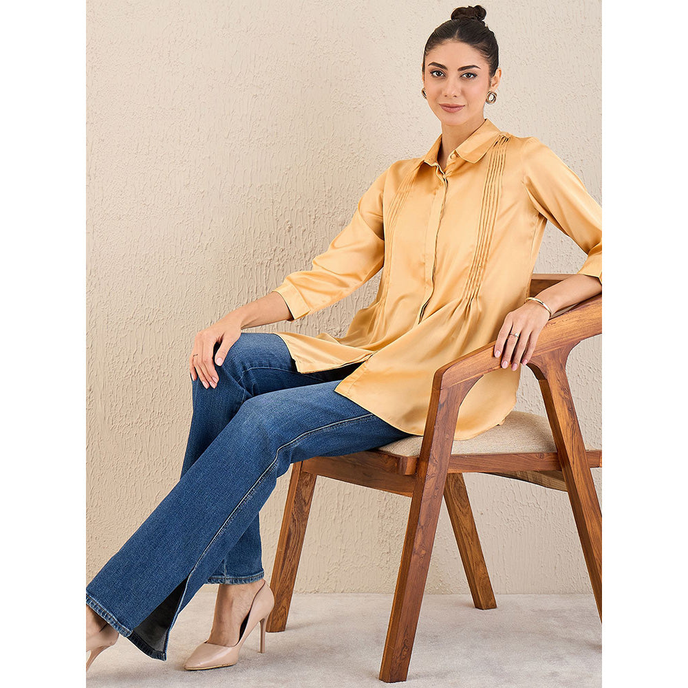 First Resort by Ramola Bachchan Golden Yellow Pintucked Satin Shirt