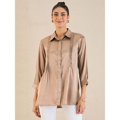 First Resort by Ramola Bachchan Hazel Brown Pintucked Satin Shirt