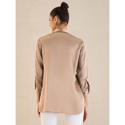 First Resort by Ramola Bachchan Hazel Brown Pintucked Satin Shirt