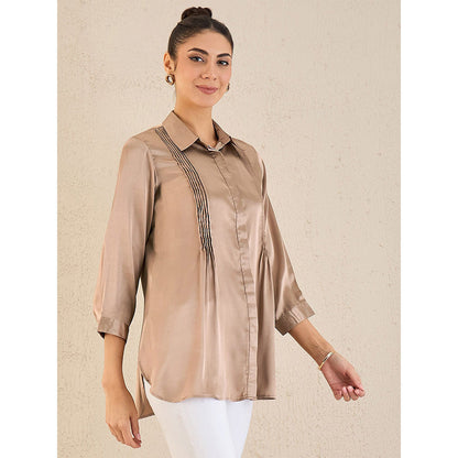 First Resort by Ramola Bachchan Hazel Brown Pintucked Satin Shirt
