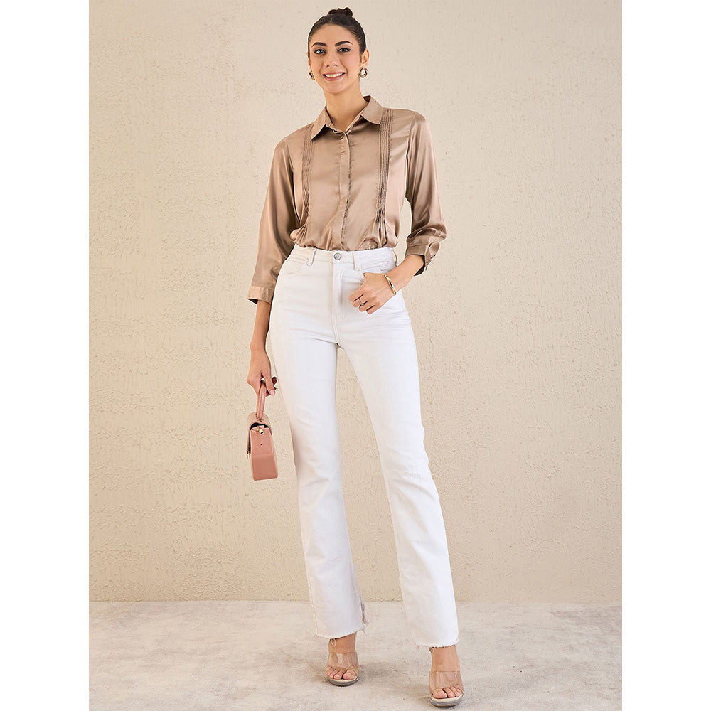 First Resort by Ramola Bachchan Hazel Brown Pintucked Satin Shirt