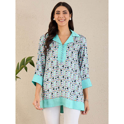 First Resort by Ramola Bachchan Turquoise Geometric Print Top