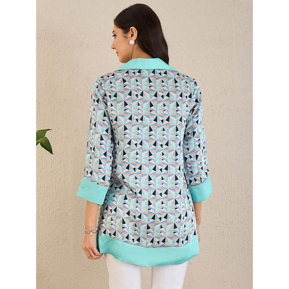 First Resort by Ramola Bachchan Turquoise Geometric Print Top