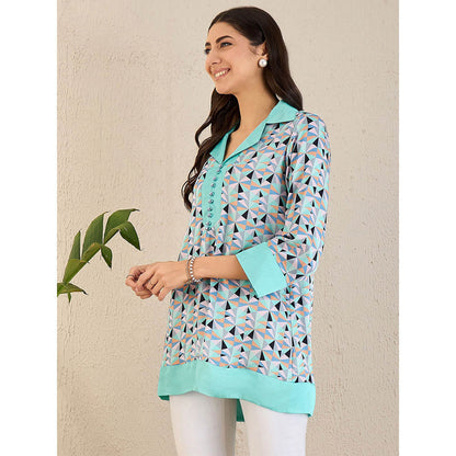 First Resort by Ramola Bachchan Turquoise Geometric Print Top