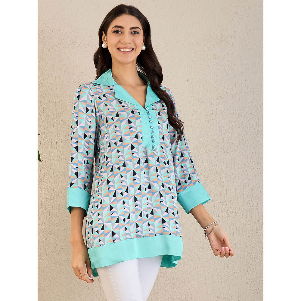 First Resort by Ramola Bachchan Turquoise Geometric Print Top