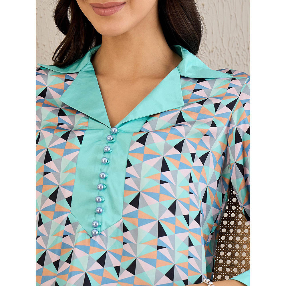 First Resort by Ramola Bachchan Turquoise Geometric Print Top