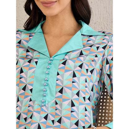 First Resort by Ramola Bachchan Turquoise Geometric Print Top