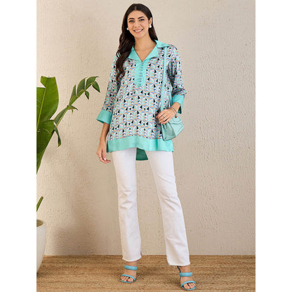 First Resort by Ramola Bachchan Turquoise Geometric Print Top