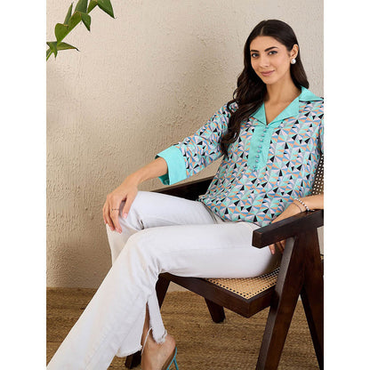 First Resort by Ramola Bachchan Turquoise Geometric Print Top