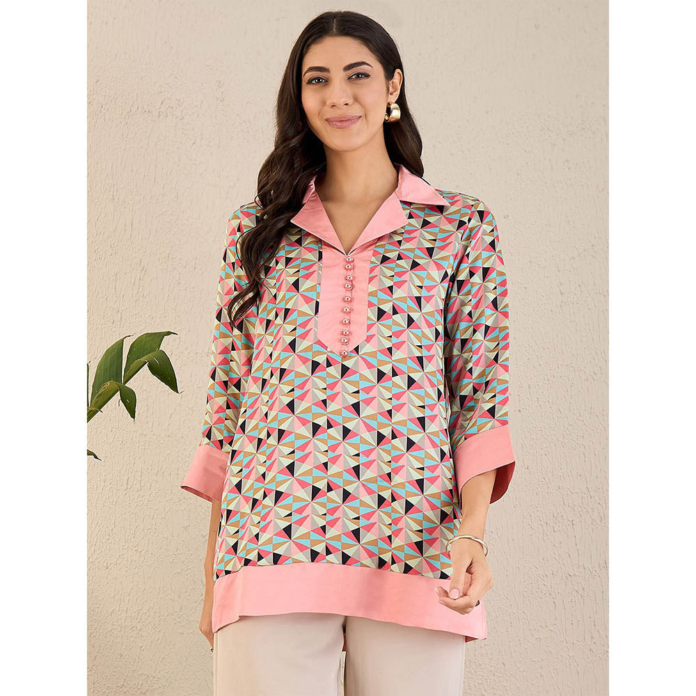 First Resort by Ramola Bachchan Rose Pink and Cyan Geometric Print Top
