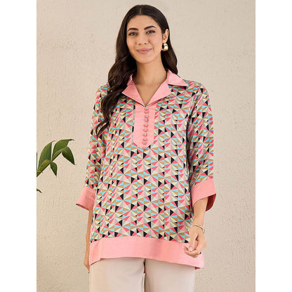 First Resort by Ramola Bachchan Rose Pink and Cyan Geometric Print Top