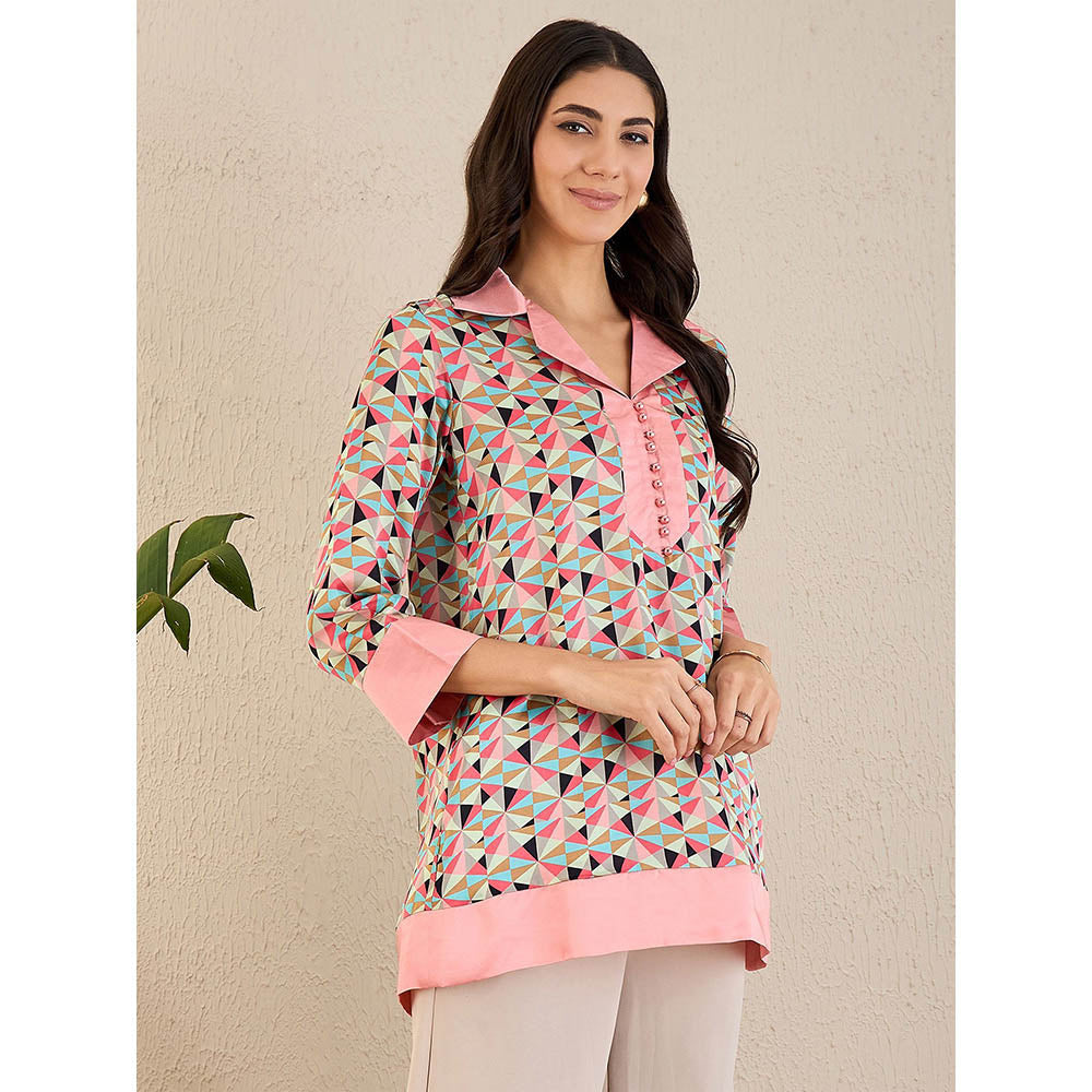 First Resort by Ramola Bachchan Rose Pink and Cyan Geometric Print Top