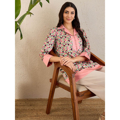 First Resort by Ramola Bachchan Rose Pink and Cyan Geometric Print Top