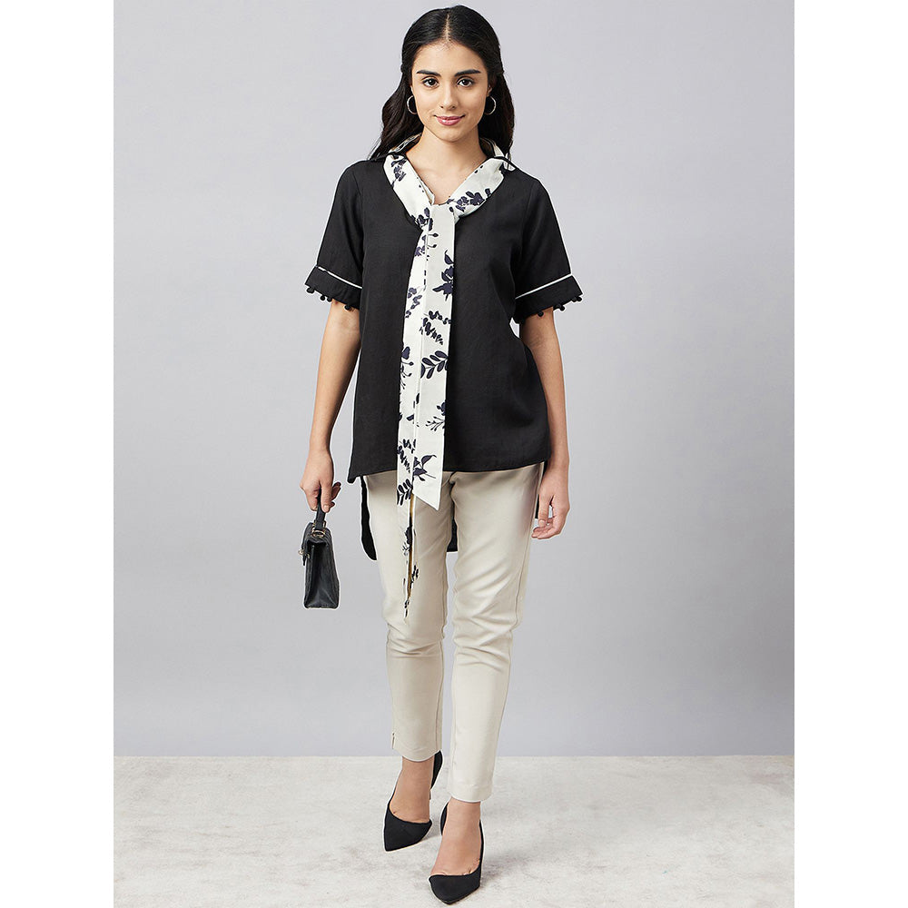 First Resort by Ramola Bachchan Black And Ivory Linen Top With Belt (Set of 2)