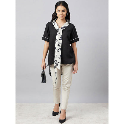 First Resort by Ramola Bachchan Black And Ivory Linen Top With Belt (Set of 2)