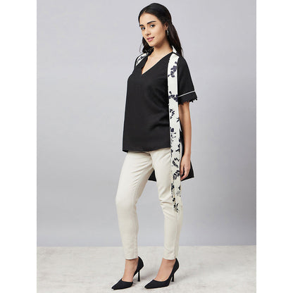 First Resort by Ramola Bachchan Black And Ivory Linen Top With Belt (Set of 2)