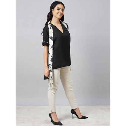 First Resort by Ramola Bachchan Black And Ivory Linen Top With Belt (Set of 2)