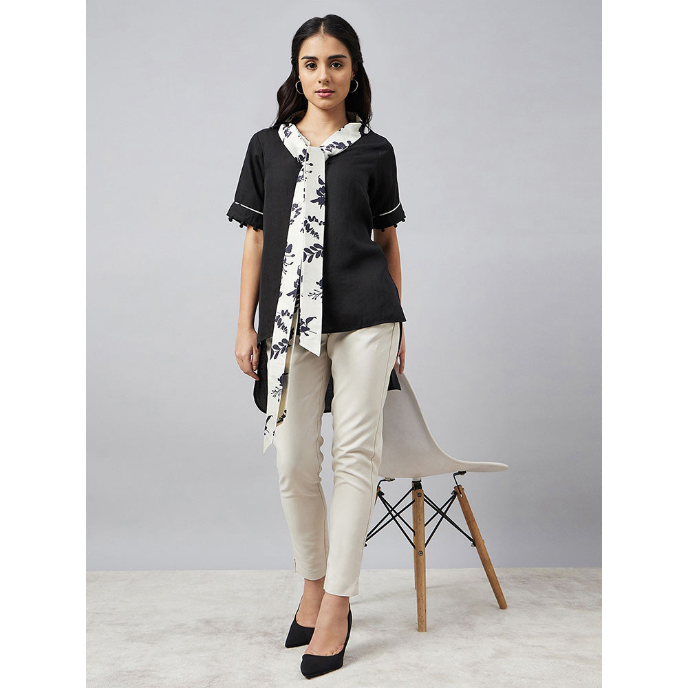 First Resort by Ramola Bachchan Black And Ivory Linen Top With Belt (Set of 2)
