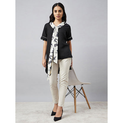 First Resort by Ramola Bachchan Black And Ivory Linen Top With Belt (Set of 2)