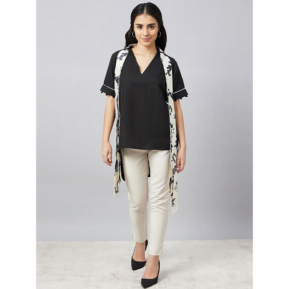 First Resort by Ramola Bachchan Black And Ivory Linen Top With Belt (Set of 2)