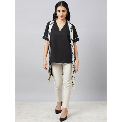 First Resort by Ramola Bachchan Black And Ivory Linen Top With Belt (Set of 2)