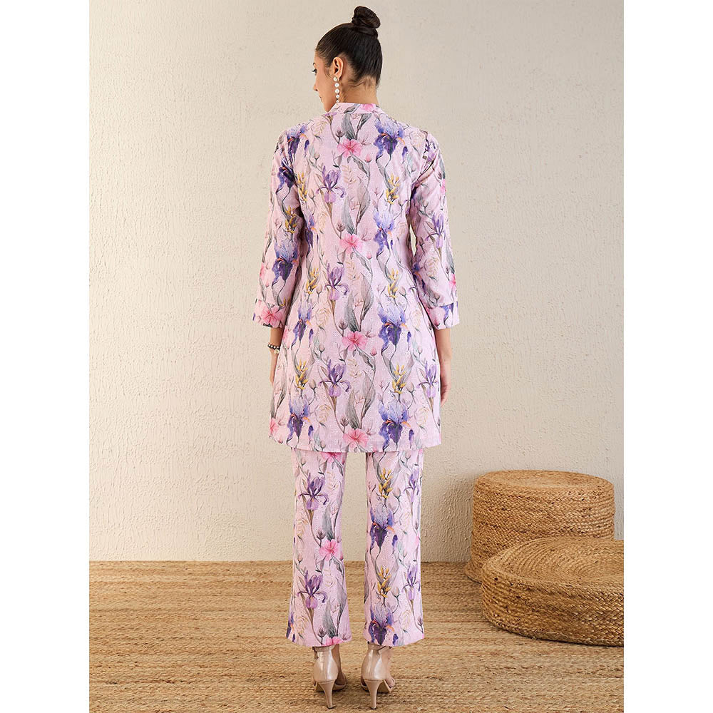 First Resort by Ramola Bachchan Baby Pink And Mauve Botanical Print Schiffli Co-Ord (Set of 2)