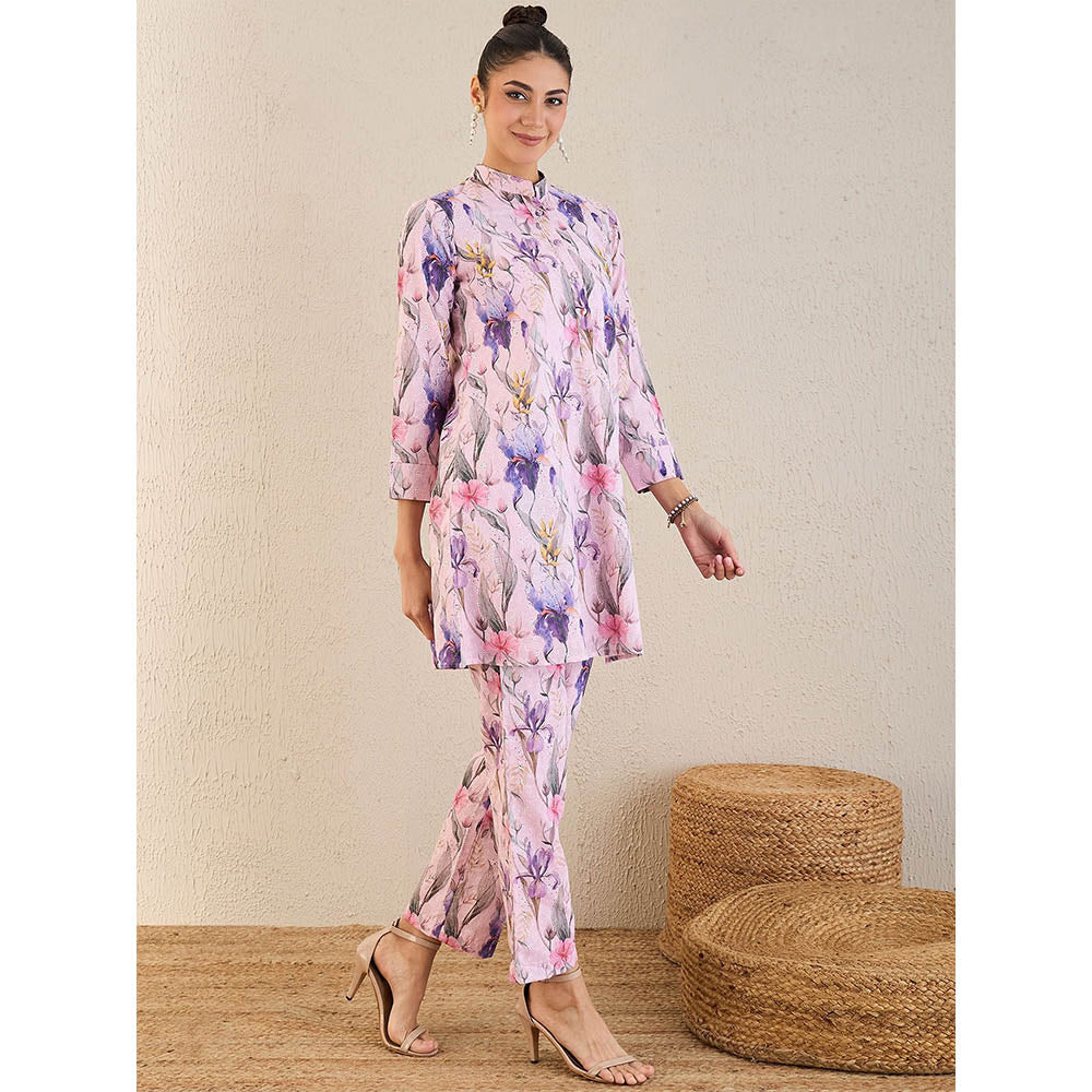 First Resort by Ramola Bachchan Baby Pink And Mauve Botanical Print Schiffli Co-Ord (Set of 2)