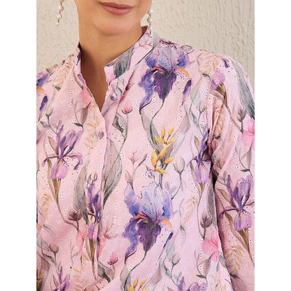 First Resort by Ramola Bachchan Baby Pink And Mauve Botanical Print Schiffli Co-Ord (Set of 2)