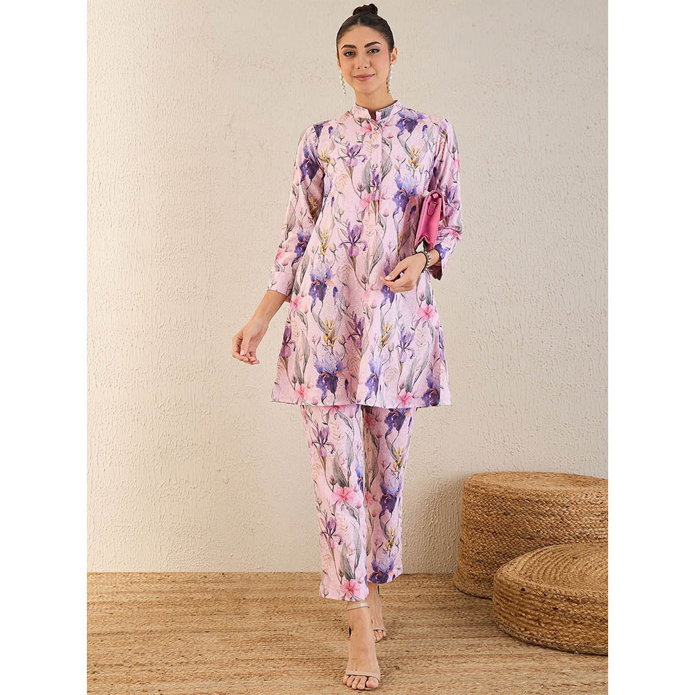 First Resort by Ramola Bachchan Baby Pink And Mauve Botanical Print Schiffli Co-Ord (Set of 2)