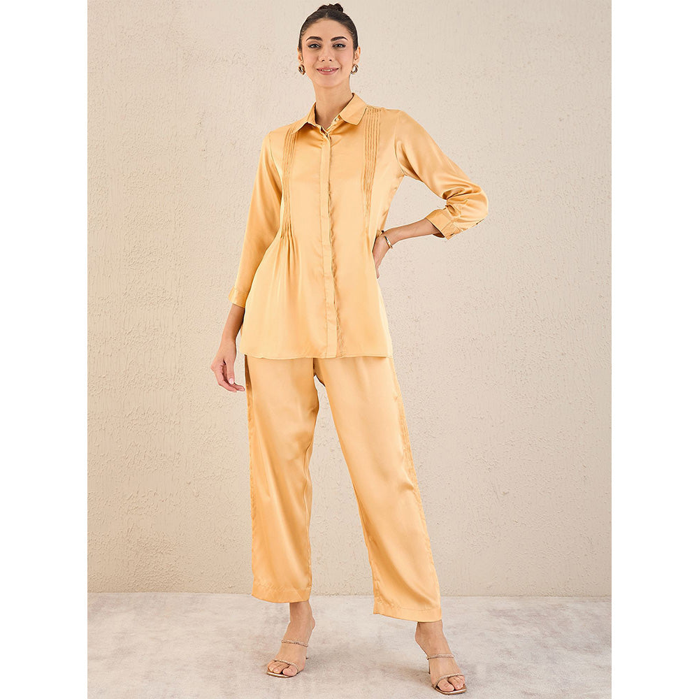 First Resort by Ramola Bachchan Golden Pintucked Satin Co-Ord (Set of 2)