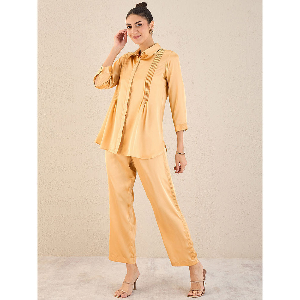 First Resort by Ramola Bachchan Golden Pintucked Satin Co-Ord (Set of 2)