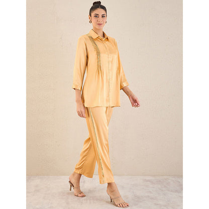First Resort by Ramola Bachchan Golden Pintucked Satin Co-Ord (Set of 2)