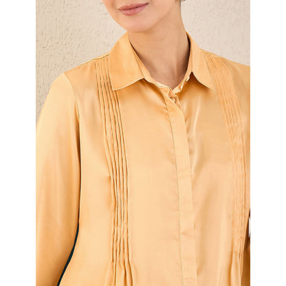 First Resort by Ramola Bachchan Golden Pintucked Satin Co-Ord (Set of 2)