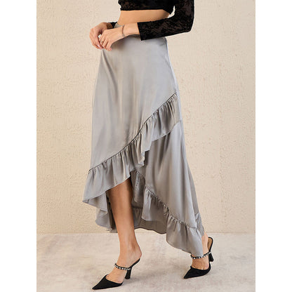 First Resort by Ramola Bachchan Grey Satin Frill Midi Skirt