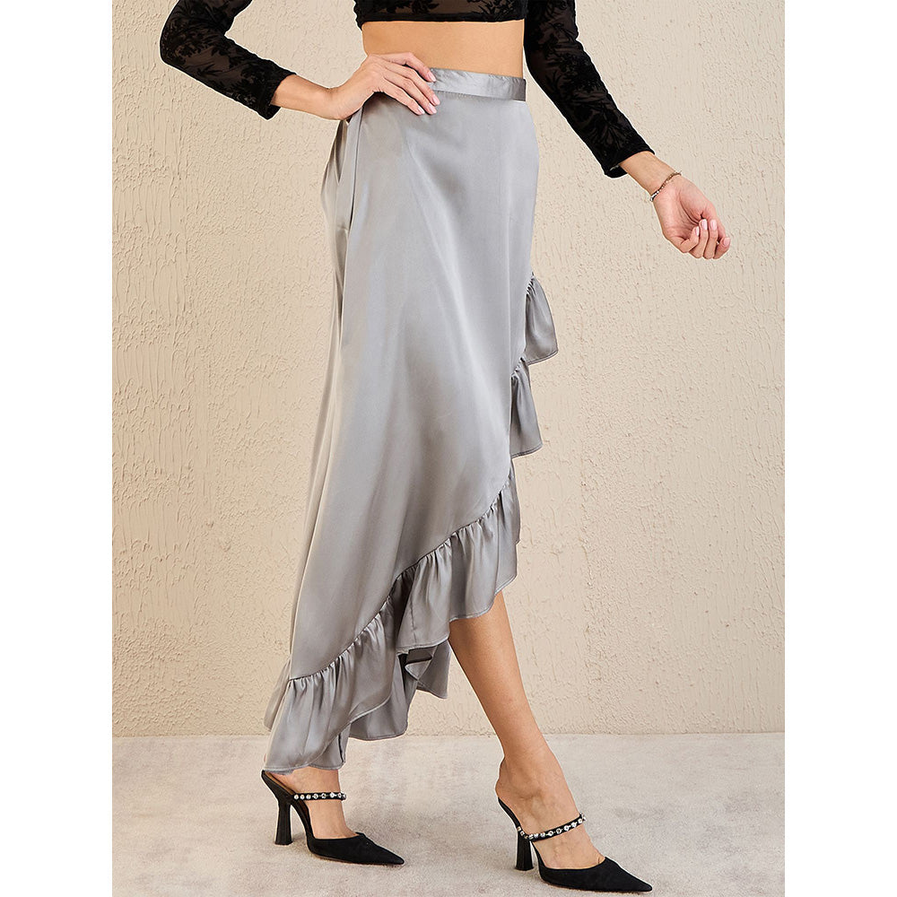 First Resort by Ramola Bachchan Grey Satin Frill Midi Skirt