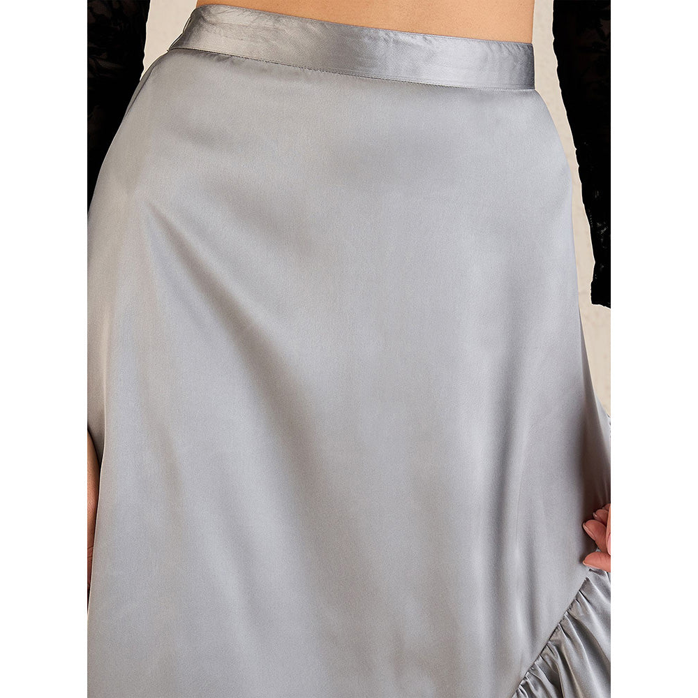 First Resort by Ramola Bachchan Grey Satin Frill Midi Skirt