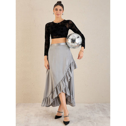 First Resort by Ramola Bachchan Grey Satin Frill Midi Skirt