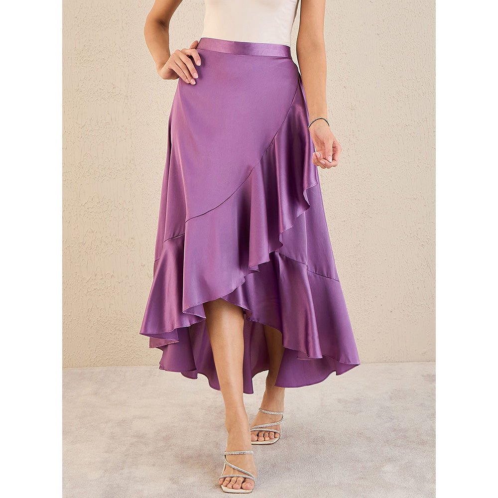 First Resort by Ramola Bachchan Lilac Satin Broad Frill Midi Skirt