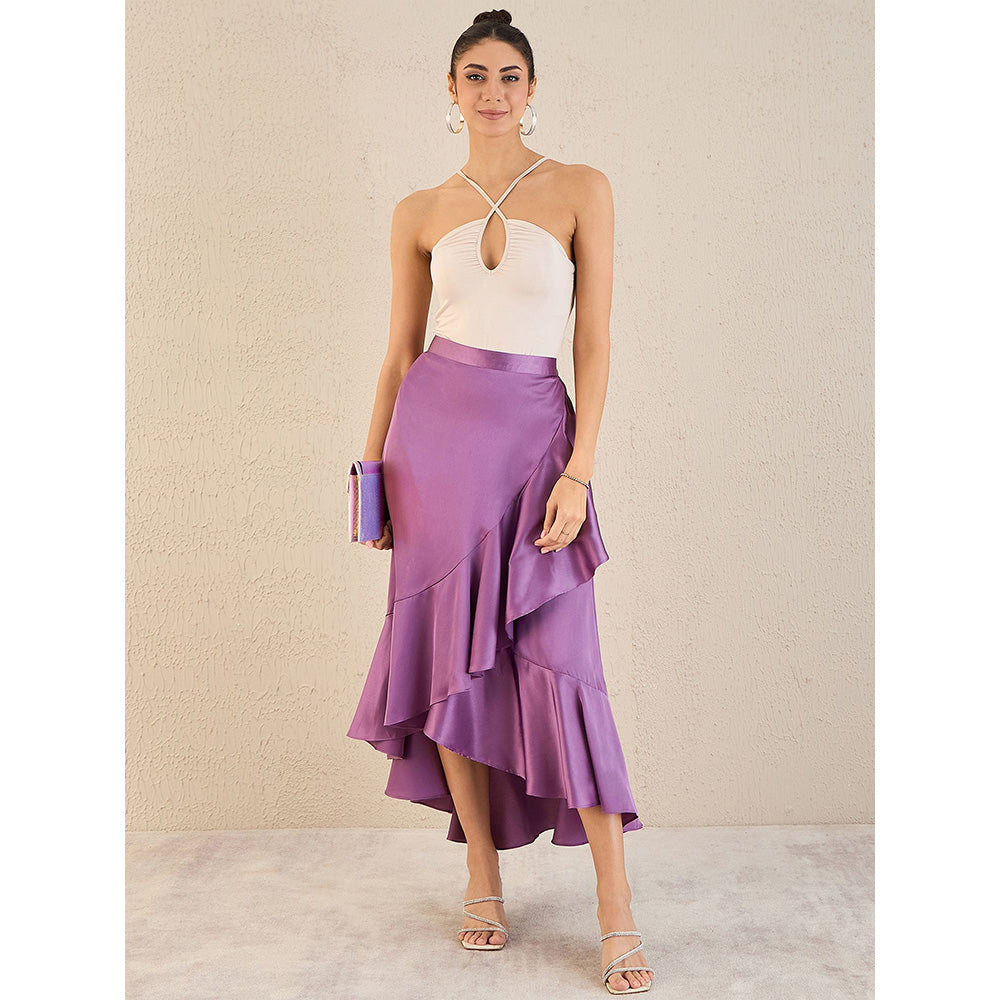 First Resort by Ramola Bachchan Lilac Satin Broad Frill Midi Skirt