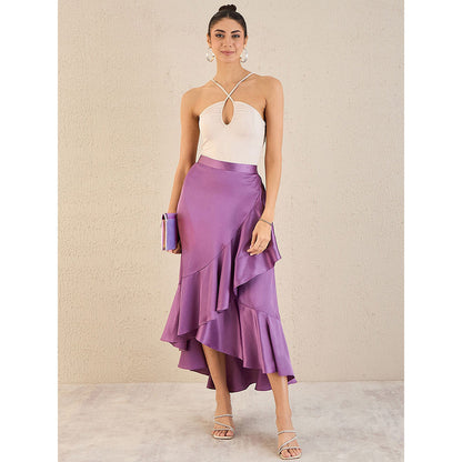 First Resort by Ramola Bachchan Lilac Satin Broad Frill Midi Skirt