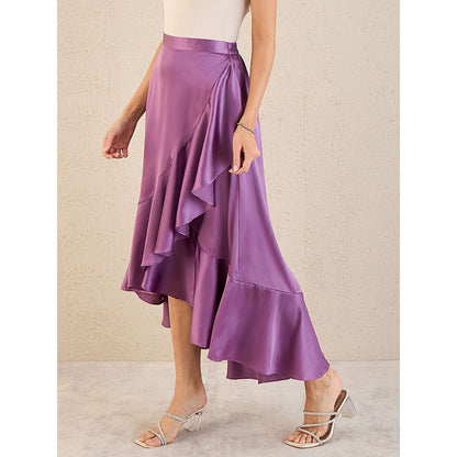 First Resort by Ramola Bachchan Lilac Satin Broad Frill Midi Skirt
