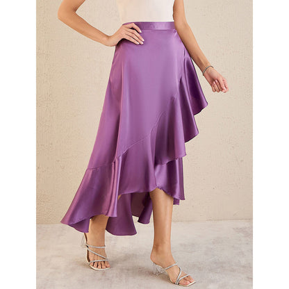 First Resort by Ramola Bachchan Lilac Satin Broad Frill Midi Skirt