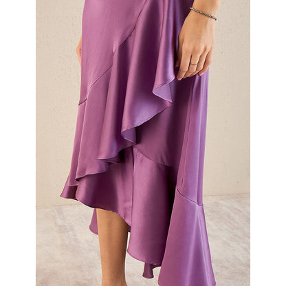 First Resort by Ramola Bachchan Lilac Satin Broad Frill Midi Skirt