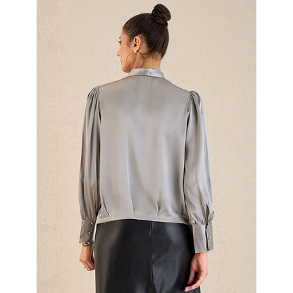 First Resort by Ramola Bachchan Grey Shawl Collar Satin Top