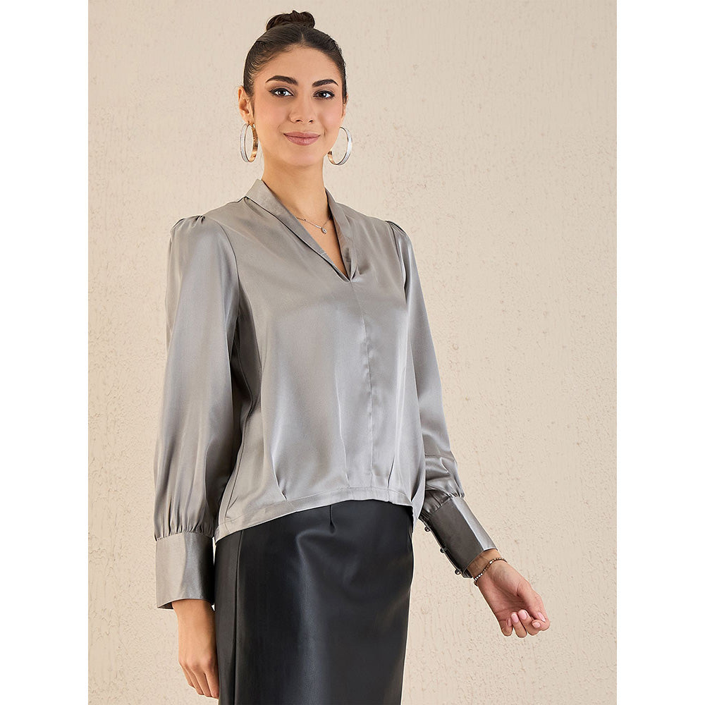 First Resort by Ramola Bachchan Grey Shawl Collar Satin Top