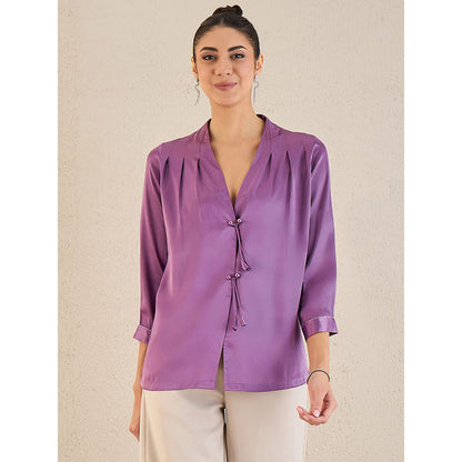 First Resort by Ramola Bachchan Purple Crystal Embellished Satin Top With Bow Detail