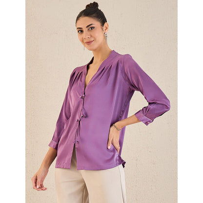 First Resort by Ramola Bachchan Purple Crystal Embellished Satin Top With Bow Detail